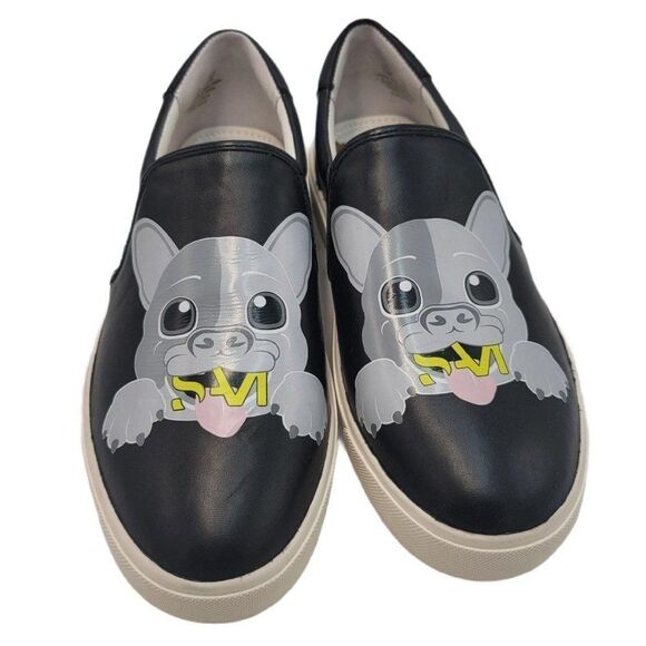 Sam Edelman Bulldog Sneakers Puppy Dog Black Slip On Sneakers Art Shoes New - Picture 9 of 11